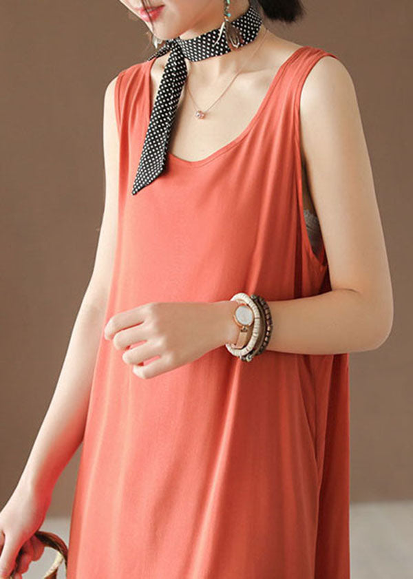 Italian Orange Solid Cotton Beach Spaghetti Strap Dress Summer