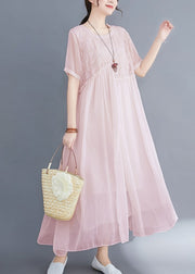 Italian Pink Cinched Embroideried Silk Dress Short Sleeve