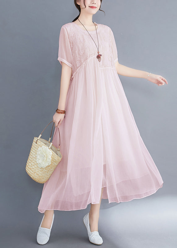 Italian Pink Cinched Embroideried Silk Dress Short Sleeve