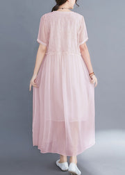 Italian Pink Cinched Embroideried Silk Dress Short Sleeve