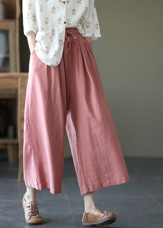 Italian Pink High Waist Tie Waist Fall Wide Leg Linen Pants - SooLinen