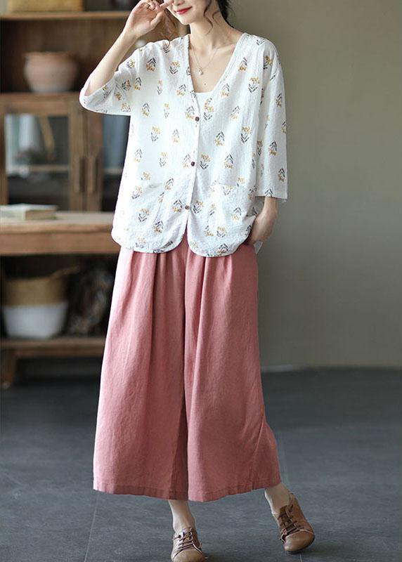 Italian Pink High Waist Tie Waist Fall Wide Leg Linen Pants - SooLinen