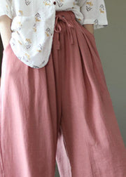 Italian Pink High Waist Tie Waist Fall Wide Leg Linen Pants - SooLinen