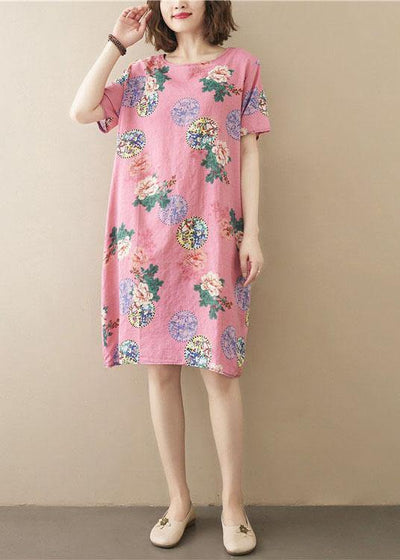 Italian Pink Print O-Neck Maxi Summer Cotton Dress - SooLinen