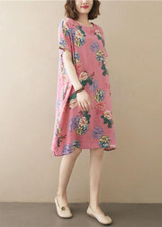 Italian Pink Print O-Neck Maxi Summer Cotton Dress - SooLinen