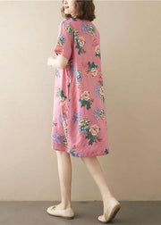 Italian Pink Print O-Neck Maxi Summer Cotton Dress - SooLinen