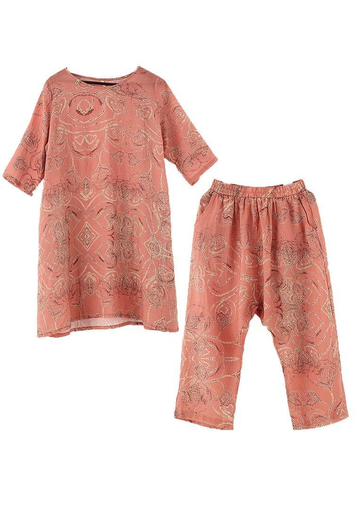 Italian Pink Print Ramie O-Neck Short Sleeve Harem Two Pieces Set - SooLinen