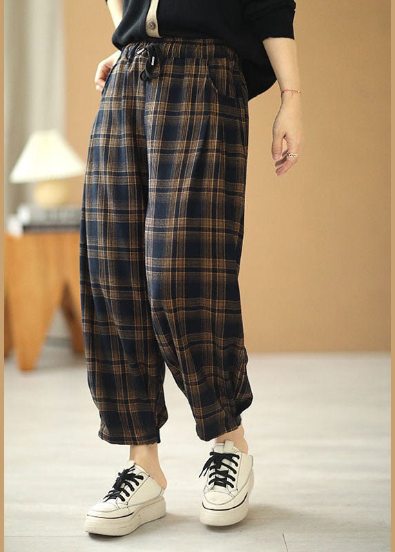 Italian Plaid Tie Waist Pockets Harem Fall Pants Cotton