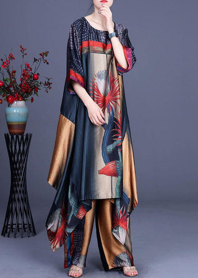 Italian Print Silk asymmetrical design Wide Leg Two Pieces Set - SooLinen