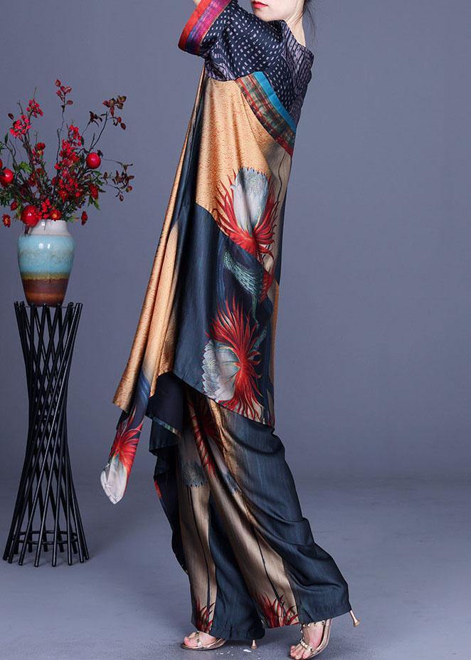 Italian Print Silk asymmetrical design Wide Leg Two Pieces Set - SooLinen