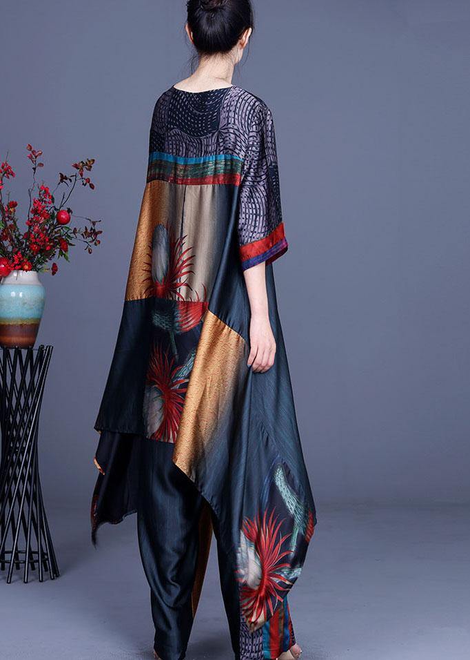 Italian Print Silk asymmetrical design Wide Leg Two Pieces Set - SooLinen