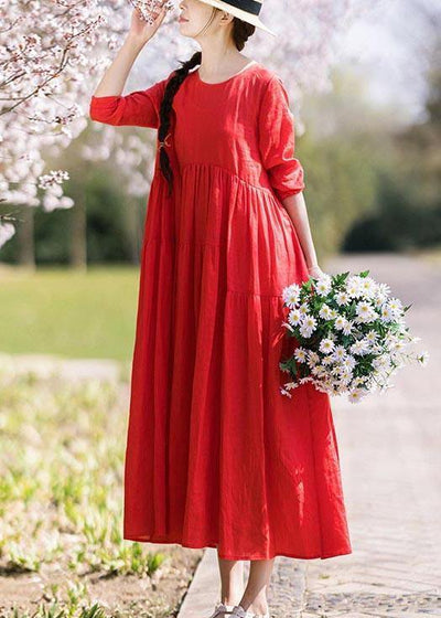 Italian Red Half Sleeve O-Neck Summer Linen Dress - SooLinen