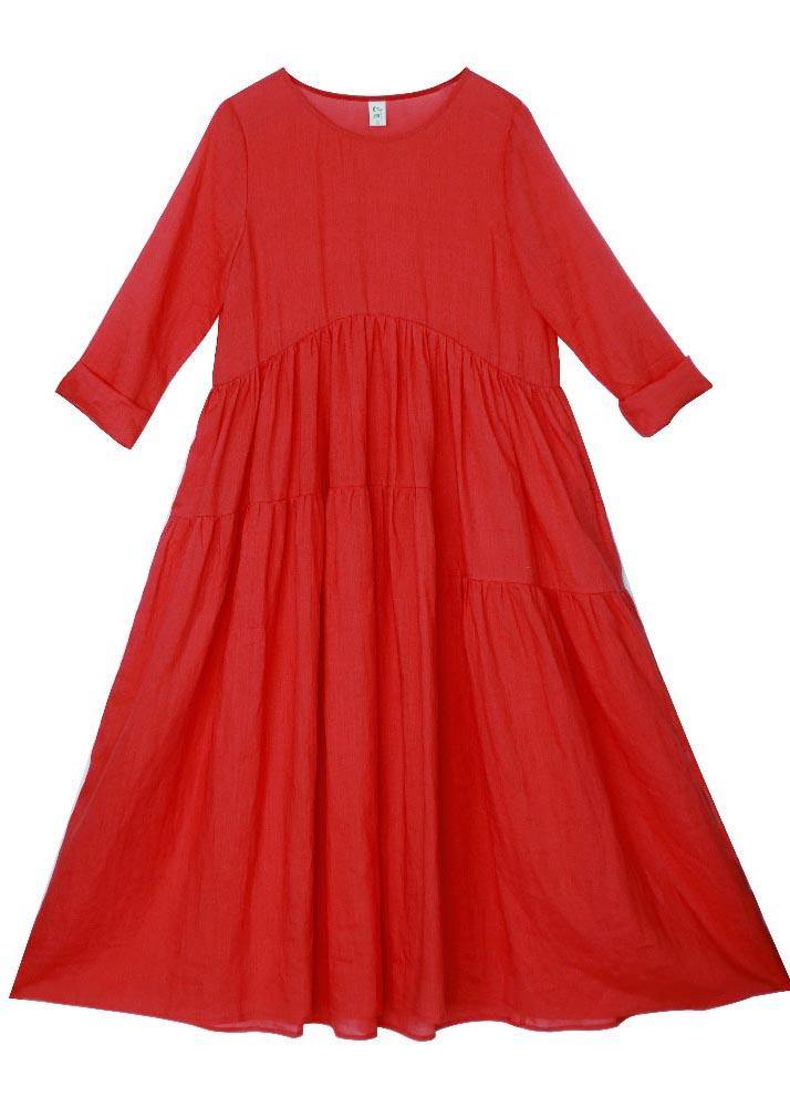 Italian Red Half Sleeve O-Neck Summer Linen Dress - SooLinen