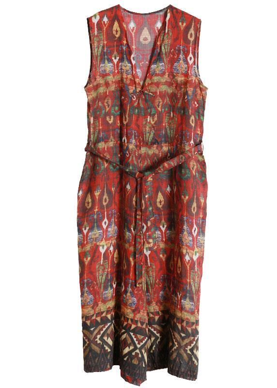 Italian Red Print Linen Sundress Drawstring - SooLinen