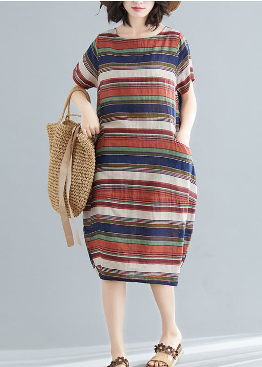 Italian Red Striped O-Neck Cotton Maxi Dress Short Sleeve