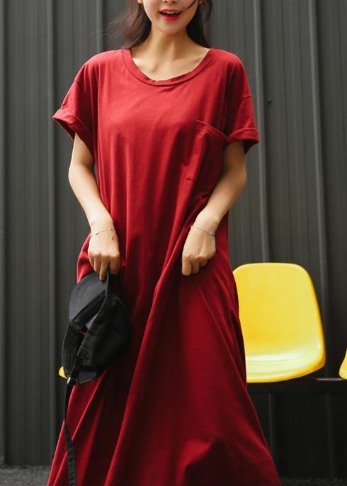 Italian Red Tunic Dress O Neck large hem Long Summer Dress - SooLinen