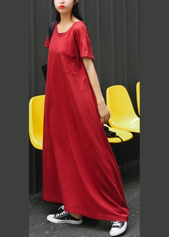 Italian Red Tunic Dress O Neck large hem Long Summer Dress - SooLinen