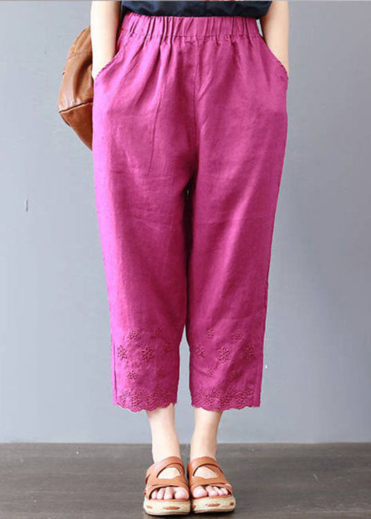 Italian Rose Embroideried Pockets Linen Pants Spring