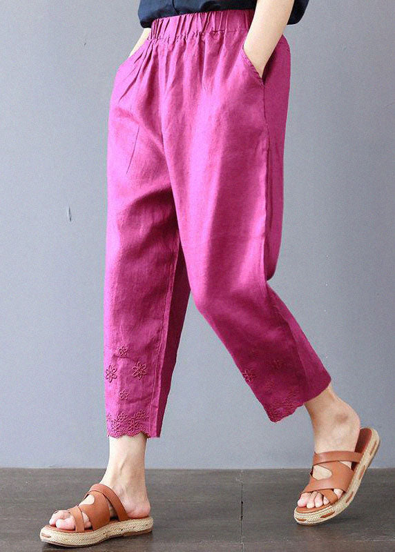 Italian Rose Embroideried Pockets Linen Pants Spring