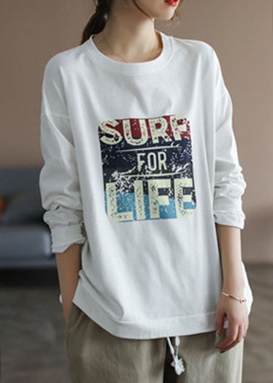 Italian White O-Neck Print Cotton Sweatshirt Streetwear Long Sleeve