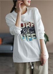 Italian White O-Neck Print Cotton Sweatshirt Streetwear Long Sleeve