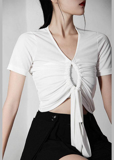 Italian White drawstring V Neck Tops Summer - SooLinen