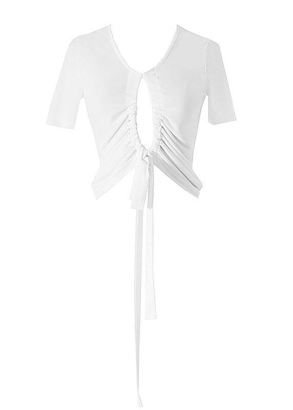 Italian White drawstring V Neck Tops Summer - SooLinen