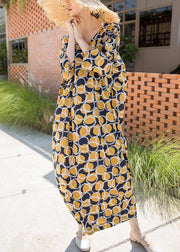 Italian Yellow Dotted Summer Cotton Dress Plus Size Caftans - SooLinen