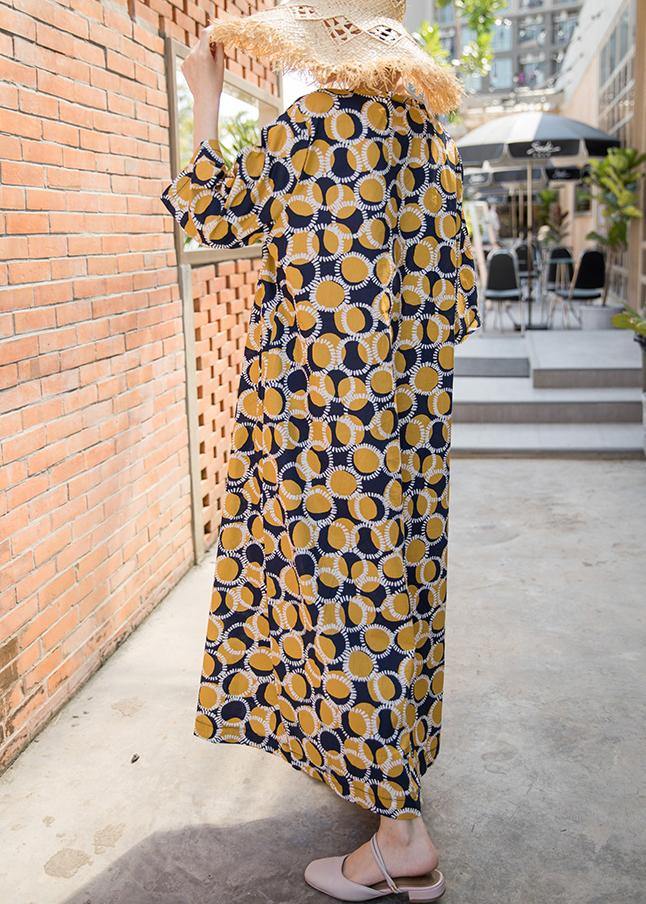 Italian Yellow Dotted Summer Cotton Dress Plus Size Caftans - SooLinen