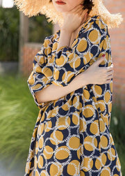 Italian Yellow Dotted Summer Cotton Dress Plus Size Caftans - SooLinen