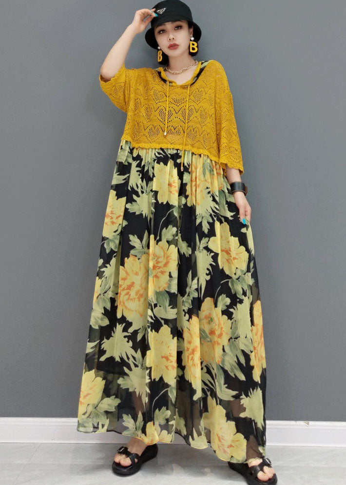 Italian Yellow Hooded Patchwork Chiffon Lace Maxi Dresses Bracelet Sleeve