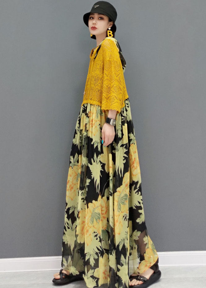 Italian Yellow Hooded Patchwork Chiffon Lace Maxi Dresses Bracelet Sleeve