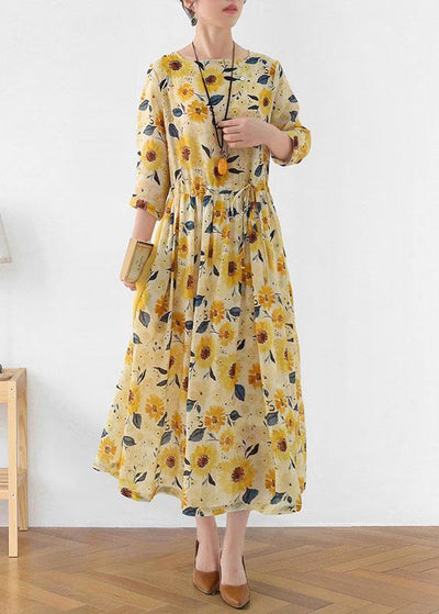 Italian Yellow Print Ramie Tie Waist Ankle Dress Fall - SooLinen