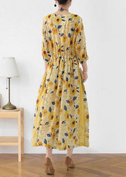 Italian Yellow Print Ramie Tie Waist Ankle Dress Fall - SooLinen