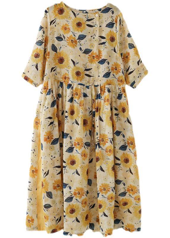 Italian Yellow Print Ramie Tie Waist Ankle Dress Fall - SooLinen