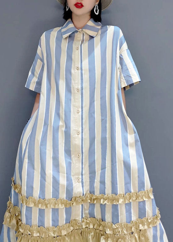 Italian Yellow Ruffled Peter Pan Collar button Striped shirt Dresses Short Sleeve