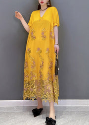 Italian Yellow V Neck Embroideried Patchwork Tassel Lace Dress Short Sleeve