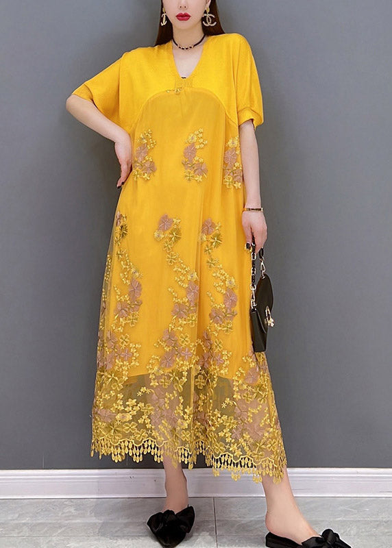 Italian Yellow V Neck Embroideried Patchwork Tassel Lace Dress Short Sleeve