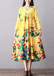 Italian Yellow Wrinkled Embroideried Print Cotton Long Dress Long Sleeve