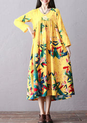 Italian Yellow Wrinkled Embroideried Print Cotton Long Dress Long Sleeve