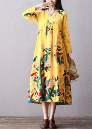 Italian Yellow Wrinkled Embroideried Print Cotton Long Dress Long Sleeve