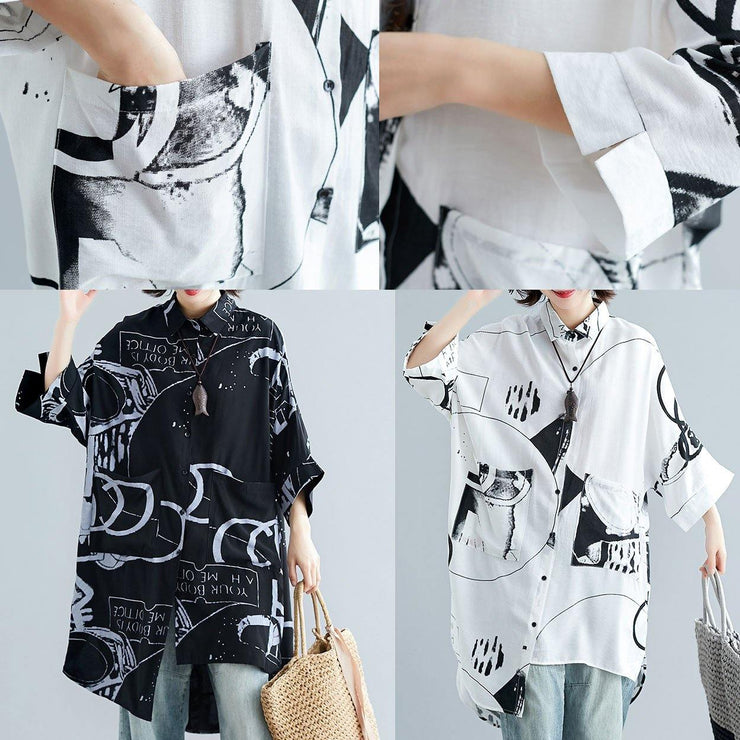 Italian asymmetric hem cotton linen tops women blouses Neckline white prints shirt summer - SooLinen