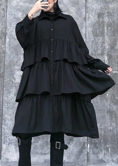 Italian black Cotton quilting clothes spring shift layered ruffles Dresses - SooLinen