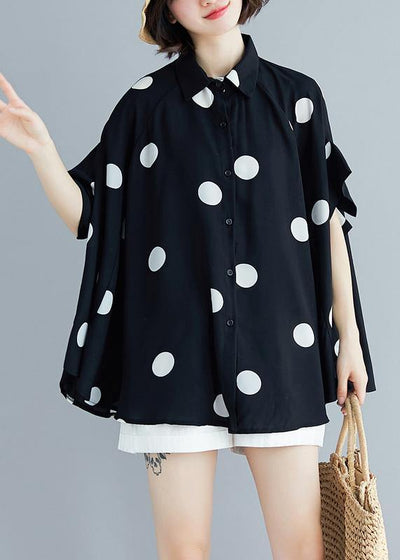 Italian black dotted chiffon tops quality Sewing lapel Art Summer shirt - SooLinen