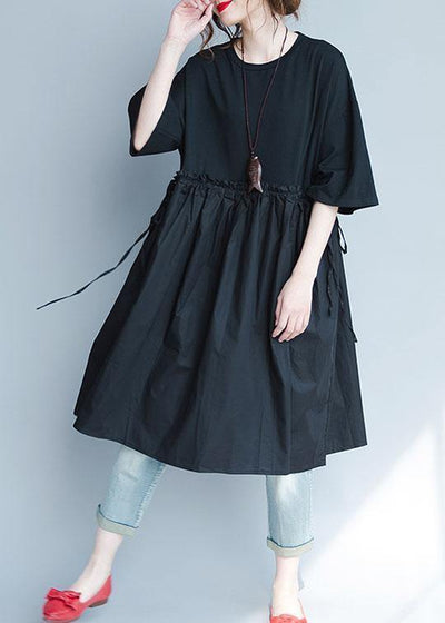 Italian black linen quilting dresses ruffles loose summer Dress - SooLinen