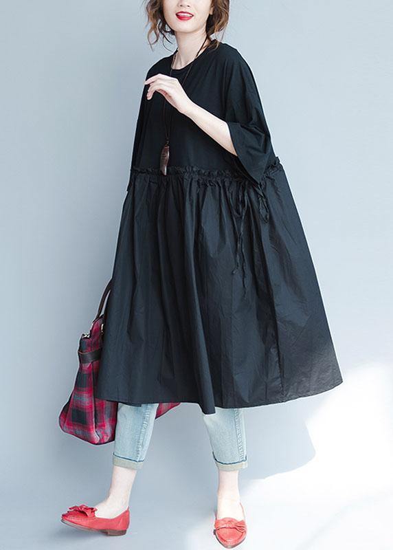 Italian black linen quilting dresses ruffles loose summer Dress - SooLinen