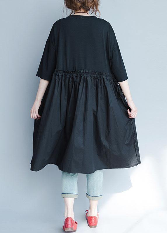 Italian black linen quilting dresses ruffles loose summer Dress - SooLinen