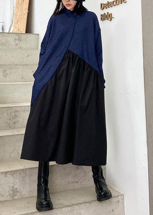 Italian black patchwork blue dress women lapel Cinched oversized dress - SooLinen