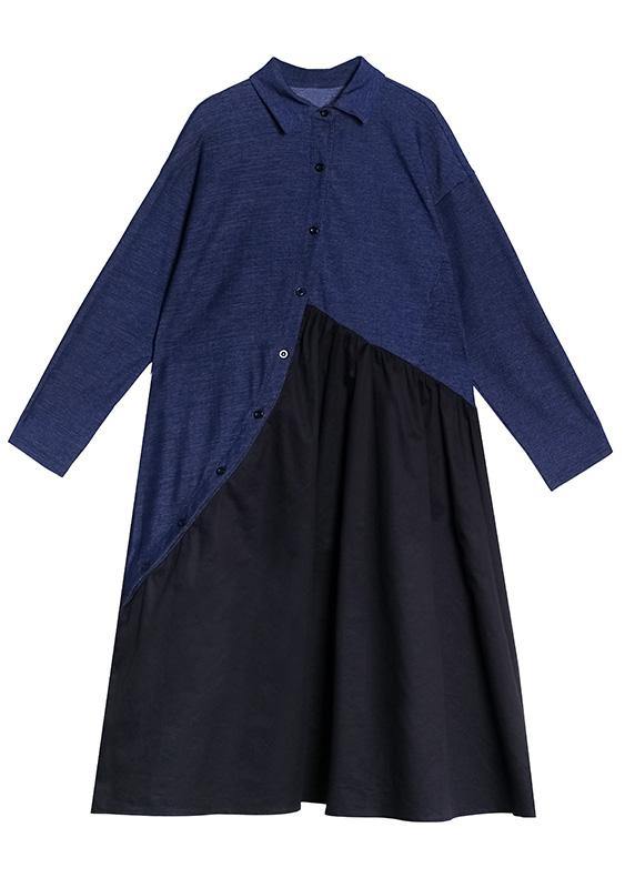 Italian black patchwork blue dress women lapel Cinched oversized dress - SooLinen