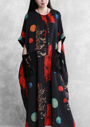 Italian black red print dress o neck patchwork lace Maxi Dress - SooLinen